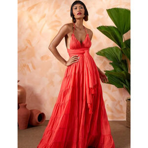 Erica Pena Lola Bohemian Halter Maxi Dress w/ Fringe Scarf Coral Red Women's S